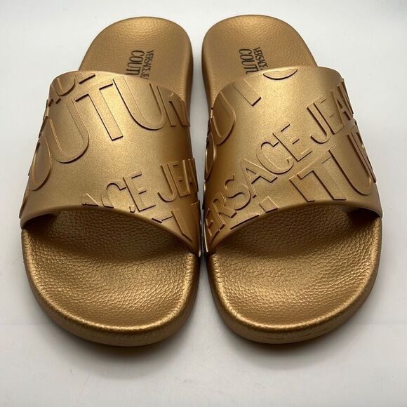 VERSACE JEANS COUTURE‎ Gold Embossed Logo Slides -Men 8 / Eur 41 -NEW 🔥 - Picture 3 of 7